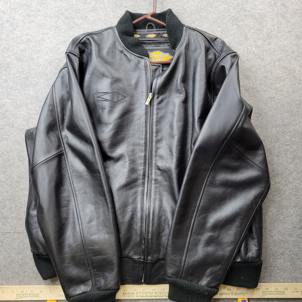 Power Trip Mens XL Black Leather Motorcycle Bomber Jacket Riding Gear Full Zip